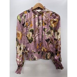 Tamara H Floral Mock Neck Blouse Smocked Waist Metallic Stripe Mauve XS